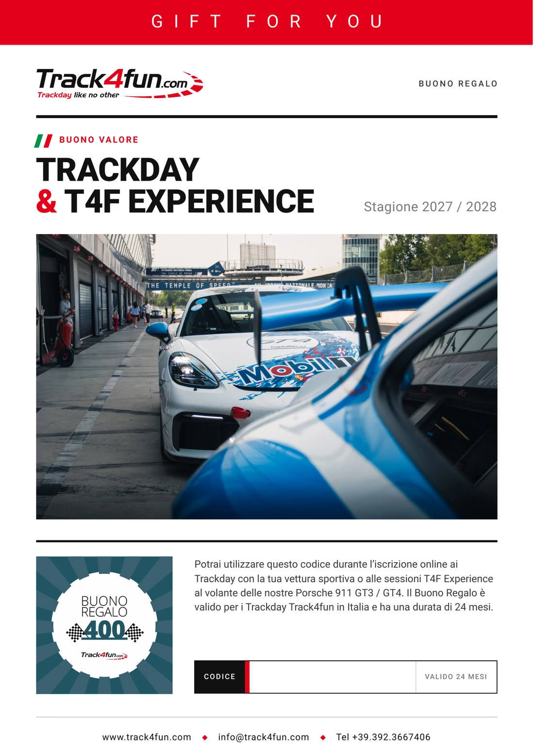 Locandina Buono Regalo a valore Track4fun: Trackday & T4F Experience, con codice e validità 24 mesi