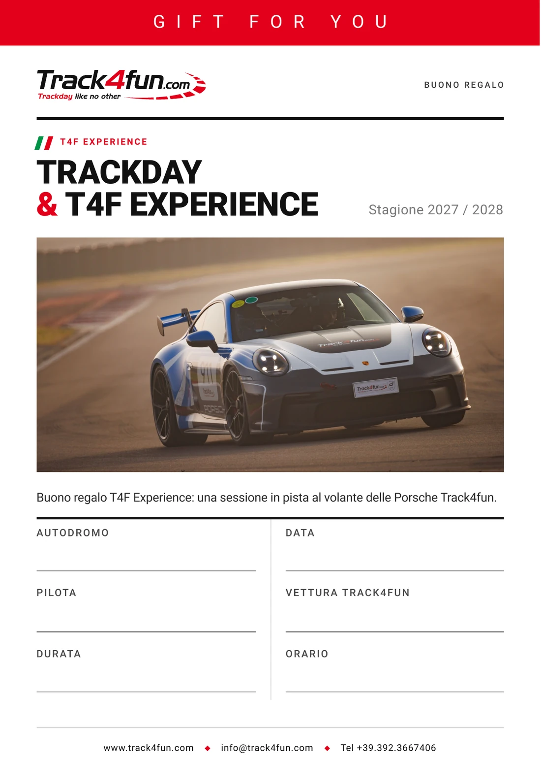 Locandina Buono Regalo T4F Experience: una sessione in pista al volante delle Porsche Track4fun